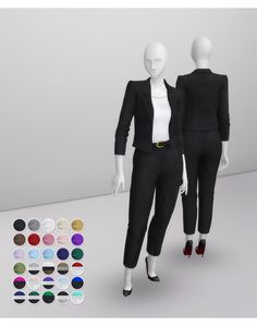 two mannequins dressed in black and white with different colored buttons on them