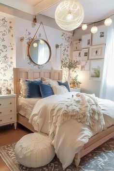 a bedroom with a bed, dresser and mirror on the wall next to a window