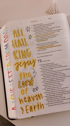 an open bible with the words all hail king henry and lord of heaven written on it