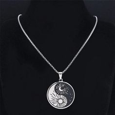 Sun Moon Yin Yang Necklace Stainless Steel Celestial Amulet Pendant Close View Moon Yin Yang, Yin Yang Necklace, Sun And Moon Necklace, Statement Bib Necklace, Pewter Pendant, Yin And Yang, Beaded Statement Necklace, Moon Jewelry, Silver 925 Necklace