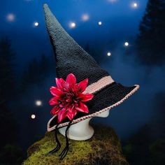 Adorable Witch Hat, Hand Crafted By Me, One Of A Kind Design Features Classic Black Hat With Sparkly Dusty Pink Stripe And Trim X-Tra Tall, 19" Height X-Tra Wide Brim, 3" Wide, Wire Insert Keeps Its Shape X-Tra Large Clip On Flower, 7" Across, Fuchsia Color With Black Glitter, Removable Braided Black Band, Dangle Tassels, Removable Tapered Shape Ensures A Perfect Fit For Most Adults 28" At Widest Part Of Opening Hat Has Enough Firmness And Flex To Wear Straight, Scrunched, Or Folded Over New, Ne Crochet Witches Hat, Gnome Witch, Handcrafted Accessories, Fuchsia Color, Black Hat, Witch Hat, Black Glitter, Pink Stripes, Dusty Pink