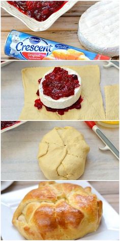 four pictures showing different types of breads and cranberry toppings on them