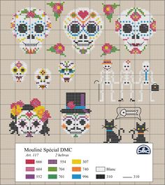 a cross stitch pattern with skulls, flowers and hearts on the front is shown in different colors