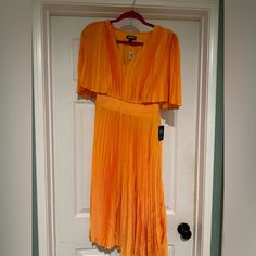 Nwt Tangerine Pleated Dress Fitted Orange Pleated Midi Dress, Orange Pleated Midi Dress For Spring, Orange Lined Midi Dress, Summer Orange Pleated Midi Dress, Spring Orange Pleated Maxi Dress, Pleated Orange Maxi Dress For Spring, Medi Dress, Ruffle Bodycon Dress, Flowy Midi Dress