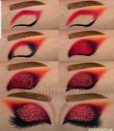 Red Eye Makeup Step By Step, Step By Step Red Eyeshadow, Phoenix Costume Makeup, Red Eyeshadow Tutorial Step By Step, Eye Makeup Red And Black, Red Dramatic Makeup, Red And Black Eye Makeup Tutorials, Red And Black Eyeshadow Step By Step, Red Graphic Makeup