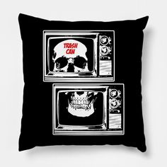 a black and white pillow with a skull on the tv screen that says trash can