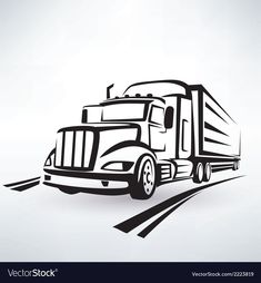 a black and white truck driving down the road with shadows on it's side