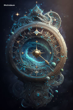 an artistic painting of a clock surrounded by stars