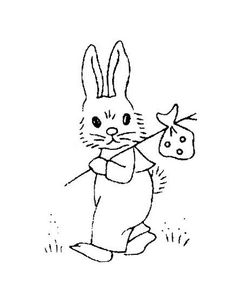 a black and white drawing of a rabbit carrying a bag