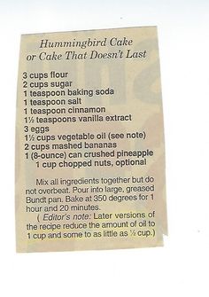 a piece of paper that has some type of cake on it with instructions for baking