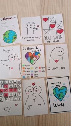 six cards with different pictures on them and some words written in the same language, including i love you