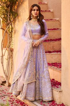 Shop for these amazing collections of Purple Net Embroidery Zari Leaf Neck Periwinkle Lehenga Set For Women by LASHKARAA online at Aza Fashions. Indian Lengha, Dupatta Embroidery, Net Embroidery, Trendy Outfits Indian, Net Top, Embroidered Lehenga