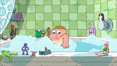 a cartoon character taking a bath in a tub filled with toys and other things on the floor