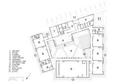 an architectural drawing shows the ground plan for a building with multiple floors and two levels