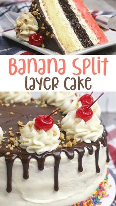 two different types of banana split layer cake with chocolate frosting and cherries on top