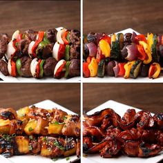 four different photographs of skewered meats and vegetables