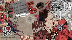 spiderman collage with many pictures and words