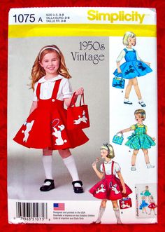 "I am pleased to offer Simplicity 1075. This sewing pattern is for: ** Style A - a jumper dress with a tied bow in the back, and an optional poodle appliqué. ** Style B - a skirt with buttoned-on shoulder straps, and an optional poodle appliqué. ** A purse, or handbag, with an optional poodle appliqué. This pattern will accommodate girl's sizes 3, 4, 5, 6, 7, and 8. This range of sizes fits: ** chests from 22\" - 27\" ** waists from 20.5\" - 23.5\" ** hips up to 28\" ** heights from 38\" - 52\" 1950s Poodle Skirt, Jumper Dress Pattern, Purse Sewing, 1950s Patterns, Dirndl Skirt, Purse Sewing Patterns, Baby Booties Pattern, Poodle Skirt, Girls Jumpers