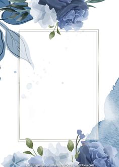 blue watercolor flowers and leaves on a white background with a square frame in the middle