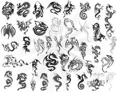 a large collection of dragon tattoo designs, all in different shapes and sizes on white background