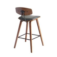 a wooden bar stool with black leather upholstered seat and back rests on a white background