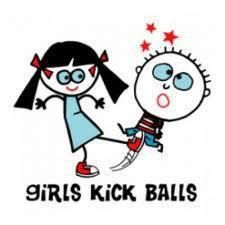 two cartoon children holding hands with the words girls kick balls