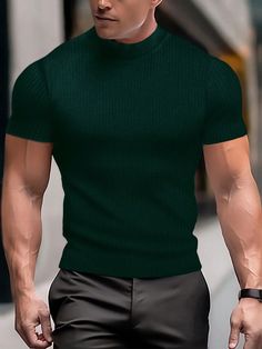 Men Summer Solid Color Stand Collar Short Sleeve Casual T-Shirt Dark Green Casual  Short Sleeve Fabric Plain  Medium Stretch  Men Clothing, size features are:Bust: ,Length: ,Sleeve Length: Simple T Shirt, Tshirt Men, Green Tshirt, Casual T Shirt, Men Clothing, Casual T Shirts, Mens Summer, Stand Collar, Dark Green