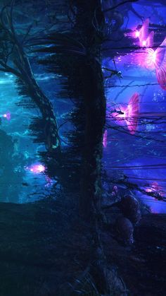 some pink butterflies are flying in the air above water and trees with purple lights on them