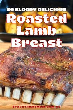 roasted lamb breast on a cutting board with text overlay