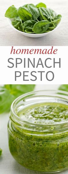 homemade spinach pesto in a glass jar and on a plate with basil leaves