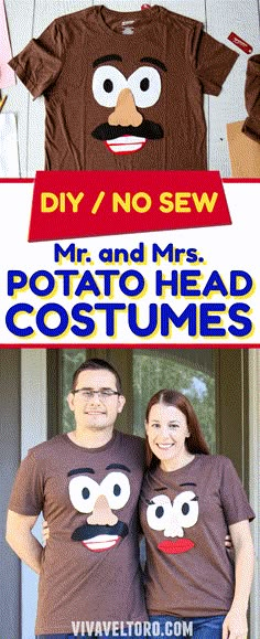 two people standing next to each other wearing t - shirts with the words diy / no sew mr and mrs potato head costumes