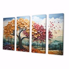 three paintings with trees and flowers on them