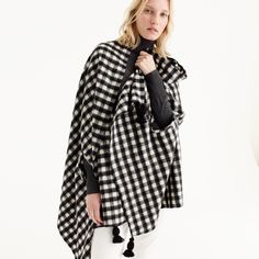 Checkered cape-scarf | J.Crew Plaid Capes, Cape Scarf, Tie Dye Scarves, Scarf Outfit, Cozy Scarf, Cashmere Wrap, Scarf Poncho, Jcrew Women, Long Scarf