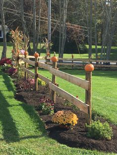 a wooden fence with pumpkins on the top and flowers in the bottom, along side it