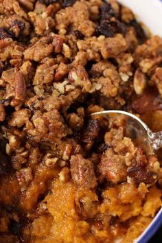 A casserole dish with sweet potato casserole with bacon pecan streusel. Southern Sweet Potato Casserole, Thanksgiving Dinner Recipes, Recipes Casserole, Thanksgiving Sides, Thanksgiving Food