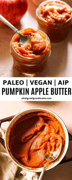 two bowls filled with pumpkin apple butter on top of a table