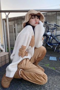 Cute Beige Soft Knit Sweater, Cute Warm Cotton Sweater, Cute Cream Long Sleeve Sweater, Playful Long Sleeve Soft Knit Sweater, Casual Long Sleeve Sweater With Bear Print, Cute Cream Soft Knit Sweater, Cute Warm Knit Sweater, Cute Long Sleeve Soft Knit Sweater, Kawaii Knitted Long Sleeve Sweater