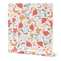 an orange and grey floral pattern on white paper with polka dots, flowers and leaves