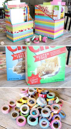 two boxes filled with different types of washi tapes on top of a wooden table