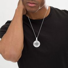 Set a course in style with this personalized and engravable compass disc pendant for him. Created in sterling silver This round disc showcases a detailed compass design etched into the front side. Along the back, your message - up to four lines, each up to 20 characters in length - appears in a print font. Using the finest metals and latest technology, this piece is handcrafted and meticulously finished in the Usa. This pendant suspends along a 22.0-inch spiga chain that secures with a lobster claw clasp. Silver Polished Medallion Necklace, White Gold Compass Design Medallion Jewelry, White Gold Compass Medallion Jewelry, White Gold Compass Medallion Necklace, White Gold Medallion Necklace With Compass Design, Silver Engraved Round Disc Medallion Necklace, Silver Medallion Jewelry With Compass Design, Compass Design, Print Fonts