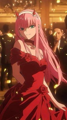 an anime character with long pink hair in a red dress