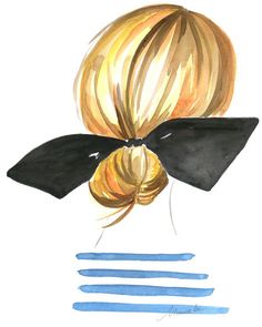 a drawing of a woman's head with hair tied in a ponytail and blue stripes