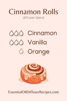 The Cinnamon Rolls diffuser blend contains cinnamon, vanilla, and orange essential oils. Cinnamon Roll Diffuser Blend, Cinnamon Essential Oil Diffuser, Caramel Essential Oil Blend, Essential Oil Recipes With Vanilla, Cinnamon Oil Blends, Vanilla Essential Oil Blends, Essential Oils Recipes, Candle Recipes, Diffuser Scents