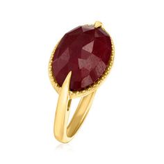 Ross-Simons - 7.00 Carat Ruby Ring in 18kt Gold Over Sterling. Size 9. Try sporting your gemstones in a new fashion with this contemporary ring! The rich pomegranate-hued 7.00 carat oval ruby is showcased inside a beaded 18kt yellow gold setting, creating a sleek east-west design. 3/8" wide. Ruby ring. Ruby birthstones are the perfect gift for July birthdays. Ruby Birthstone, Pink Stones, Ring Ruby, Contemporary Ring, Yellow Gold Setting, Gold Band Ring, Tourmaline Ring, East West, Ruby Ring