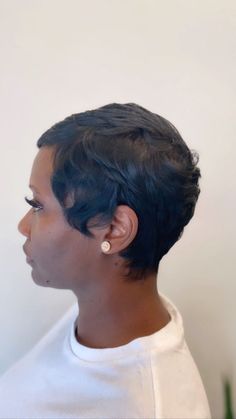 Up Do Hair Styles For Work, Short Hair Relaxer Black Women, Short Pixie Black Hairstyles, Jet Black Pixie Haircut Black Women, Pixie Cut Outfits Black Women, Brunette With Layers, Relaxed Pixie Cut, Relaxed Short Hairstyles For Black Women, Short Hair Cuts For Black Women Relaxed