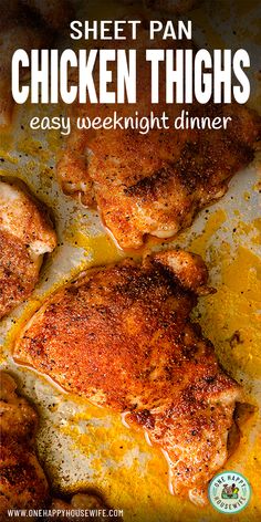 oven roasted chicken thighs in a pan with text overlay