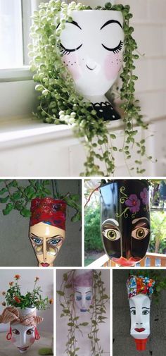 several different masks with plants growing out of them