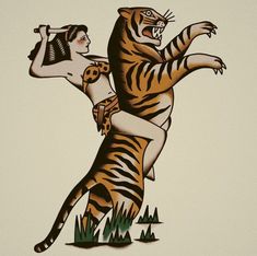 an image of a woman and tiger on the side of a wall with text that reads, ingious steve sheila bau's tattoo