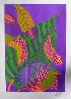 a drawing of leaves on a purple background