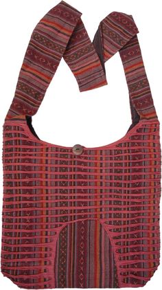 If you love bohemian style, it does not get more classic bohemian than this cross body bag! It's made up of multicolored woven cotton fabric, carpet weave, good quality cotton with sleek razor cut design at the front of the bag; the overall color tone of the bag is red.  Very creative and attractive, as you can see, this astoundingly bohemian bag is lined black from inside, has a zipper and a button closure on the top and a small zipper pocket inside. #tlb #Pocket #Yoga #vacationclothing #bohemi Bohemian Fabric Shoulder Bag For Daily Use, Bohemian Fabric Shoulder Bag For Travel, Bohemian Cotton Bag With Adjustable Strap, Bohemian Cotton Crossbody Bag, Brown Bohemian Fabric Bags, Bohemian Brown Fabric Bags, Red Cotton Shoulder Bag With Adjustable Strap, Brown Bohemian Cotton Shoulder Bag, Pink Bohemian Hobo Bag With Adjustable Strap